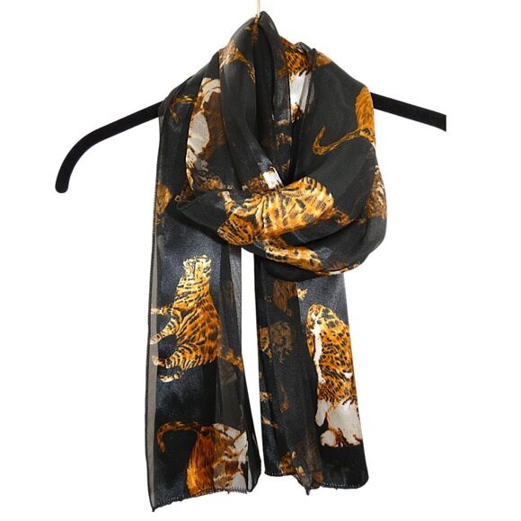 Sheer Cat Print Scarf Black Gold Animal Pattern Lightweight Scarf Y2K Kitsch - Picture 1 of 9